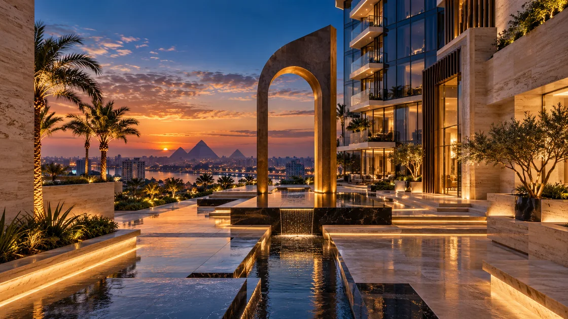 Imagined modern architectural landmark with pool and Egyptian skyline